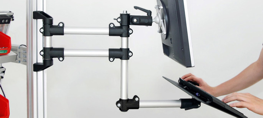 The adjustable support arm for the monitor mounting can be combined with a keyboard tray