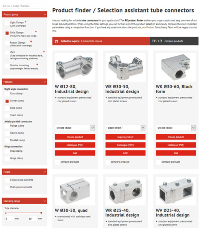 Online selection assistant: Tube connectors 