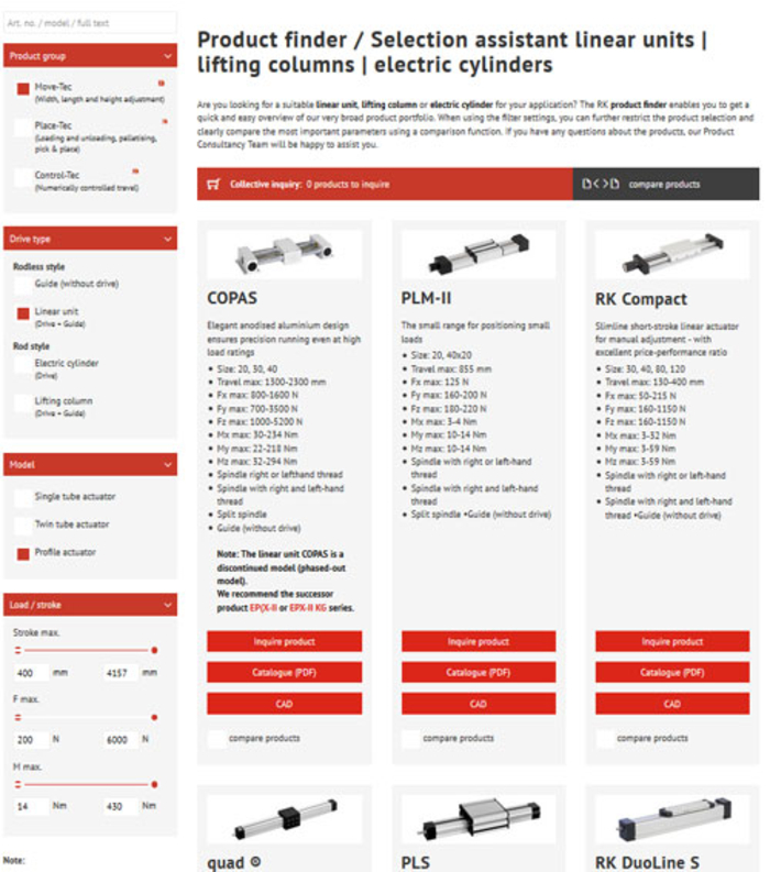 Product finder linear units | lifting columns | electric cylinders